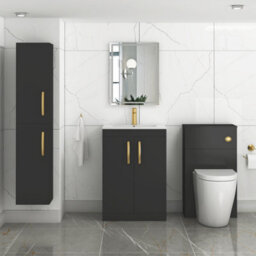 Royal Bathrooms Turin 600mm Floor Standing Vanity Sink Unit Matt Black 2 Door Minimalist Basin With Brushed Brass Handles - thumbnail 4