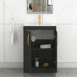 Royal Bathrooms Turin 600mm Floor Standing Vanity Sink Unit Matt Black 2 Door Minimalist Basin With Brushed Brass Handles - thumbnail 5