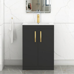 Royal Bathrooms Turin 600mm Floor Standing Vanity Sink Unit Matt Black 2 Door Minimalist Basin With Brushed Brass Handles - thumbnail 1