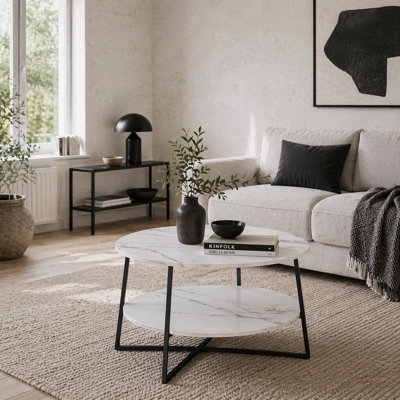 Wyld Haus Masoso Round Two-Tier Marble-Effect Coffee Table - White Top With Black Steel Frame, 80Cm X 45Cm - image 1