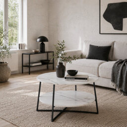 Wyld Haus Masoso Round Two-Tier Marble-Effect Coffee Table - White Top With Black Steel Frame, 80Cm X 45Cm - thumbnail 1