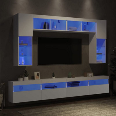 Berkfield 8 Piece Tv Wall Cabinet Set With Led Lights White - image 1