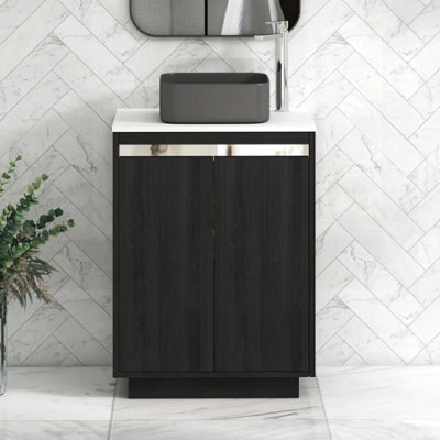 Royal Bathrooms Orion 600mm Hale Black Floor Standing Plain White Countertop Vanity Unit 2 Door With Art Square Basin & Chrome Accent Trim - image 1