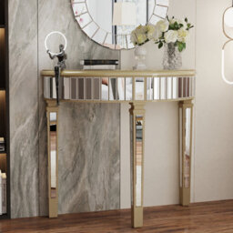 Artloge 90X80.5Cm Ornate Mirrored Half Moon Console Table Living Room Hallway Demi Lune Furniture