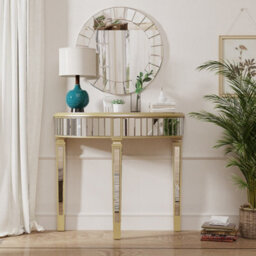 Artloge 90X80.5Cm Ornate Mirrored Half Moon Console Table Living Room Hallway Demi Lune Furniture - thumbnail 8