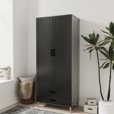Urbn-Living Urbnliving 180Cm Height Ash Grey Wardrobe With Black 2 Door 2 Drawer Modern Bedroom Clothes Storage Hanging Rail - image 1