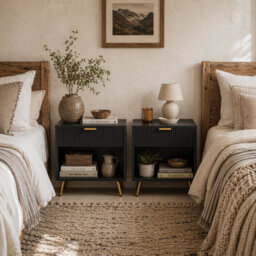 Wyld Haus Sota Sola Set Of 2 Black And Gold Ribbed Bedside Tables With Drawer And Shelf - thumbnail 1