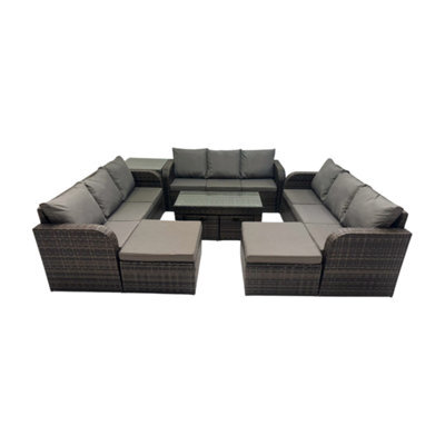 Fimous Rattan Garden Outdoor Furniture Set 3 Seater Sofa Coffee Table With Side Table 4 Footstools Dark Grey Mixed - image 1