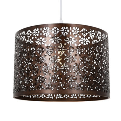 Happy Homewares Moroccan Designed Matt Bronze Metal Pendant Light Shade With Floral Decoration - image 1