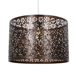Happy Homewares Moroccan Designed Matt Bronze Metal Pendant Light Shade With Floral Decoration