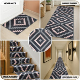 Bravich Hard Wearing Hessian Backed Stair Runner Kitchen Mat - Texas Pink & Grey Geometric Tiles - 60X450Cm (2'x15') - thumbnail 7