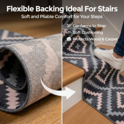 Bravich Hard Wearing Hessian Backed Stair Runner Kitchen Mat - Texas Pink & Grey Geometric Tiles - 60X450Cm (2'x15') - thumbnail 5