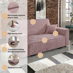 Sofa Bed With Storage Furnipol Viva Star Iii Pink Poso145 Fabric Wooden Frame Pull Out Freestanding Design Modern Living Room - thumbnail 6