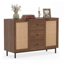 120 Cm Rattan Sideboard Buffet Cabinet Rustic Bar Table 3 Drawer Console Table - thumbnail 1
