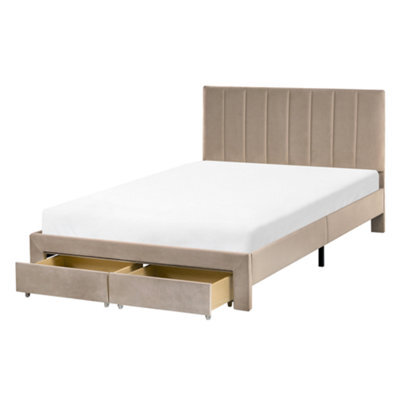Beliani Bed With Storage Drawers Velvet Lonzac 120 X 200 Cm (Eu Small Double) Taupe - image 1