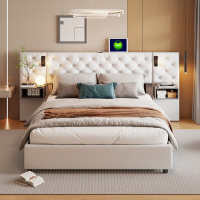 4Ft6 Upholstered Bed With Hydraulic Lift&bedside Storage, Headboard With Charging Station&reading Light, Velvet, Beige - image 1
