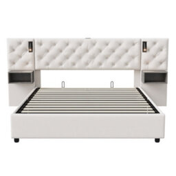 4Ft6 Upholstered Bed With Hydraulic Lift&bedside Storage, Headboard With Charging Station&reading Light, Velvet, Beige - thumbnail 5