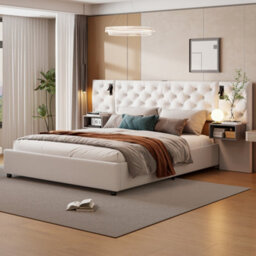 4Ft6 Upholstered Bed With Hydraulic Lift&bedside Storage, Headboard With Charging Station&reading Light, Velvet, Beige - thumbnail 2