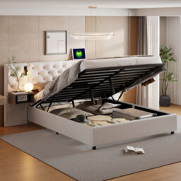 4Ft6 Upholstered Bed With Hydraulic Lift&bedside Storage, Headboard With Charging Station&reading Light, Velvet, Beige - thumbnail 4