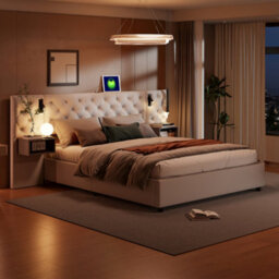 4Ft6 Upholstered Bed With Hydraulic Lift&bedside Storage, Headboard With Charging Station&reading Light, Velvet, Beige - thumbnail 3
