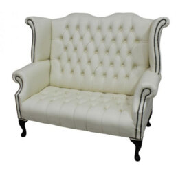 Chesterfield 2 Seater High Back Sofa Shelly Cream Leather Bespoke In Queen Anne Style - thumbnail 3