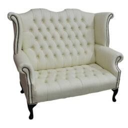 Chesterfield 2 Seater High Back Sofa Shelly Cream Leather Bespoke In Queen Anne Style - thumbnail 2
