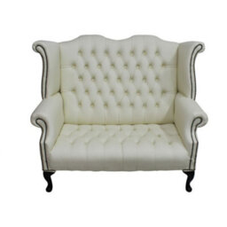 Chesterfield 2 Seater High Back Sofa Shelly Cream Leather Bespoke In Queen Anne Style - thumbnail 1