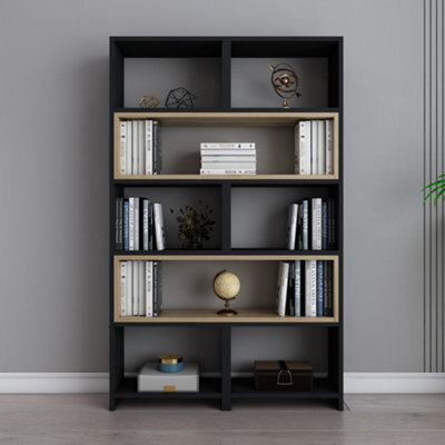 Decorotika 5-Tier Poyraz Bookcase Bookshelf Shelving Unit Display Unit - Black And Oud Oak Pattern - image 1