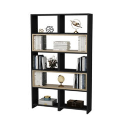 Decorotika 5-Tier Poyraz Bookcase Bookshelf Shelving Unit Display Unit - Black And Oud Oak Pattern - thumbnail 7