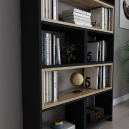 Decorotika 5-Tier Poyraz Bookcase Bookshelf Shelving Unit Display Unit - Black And Oud Oak Pattern - thumbnail 2