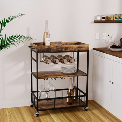 Huhote Three Tier Brown Rolling Bar Cart With Wine Rack Handle And Wheels Serving Cart Kitchen Storage Carts For Home Outdoor - image 1