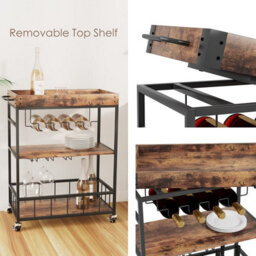 Huhote Three Tier Brown Rolling Bar Cart With Wine Rack Handle And Wheels Serving Cart Kitchen Storage Carts For Home Outdoor - thumbnail 4