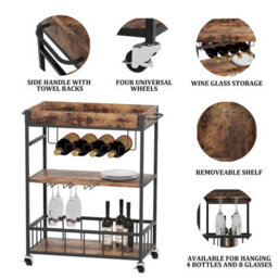 Huhote Three Tier Brown Rolling Bar Cart With Wine Rack Handle And Wheels Serving Cart Kitchen Storage Carts For Home Outdoor - thumbnail 5