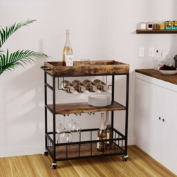 Huhote Three Tier Brown Rolling Bar Cart With Wine Rack Handle And Wheels Serving Cart Kitchen Storage Carts For Home Outdoor