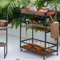 Huhote Three Tier Brown Rolling Bar Cart With Wine Rack Handle And Wheels Serving Cart Kitchen Storage Carts For Home Outdoor - thumbnail 7
