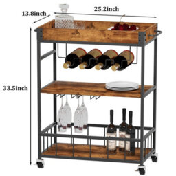 Huhote Three Tier Brown Rolling Bar Cart With Wine Rack Handle And Wheels Serving Cart Kitchen Storage Carts For Home Outdoor - thumbnail 3