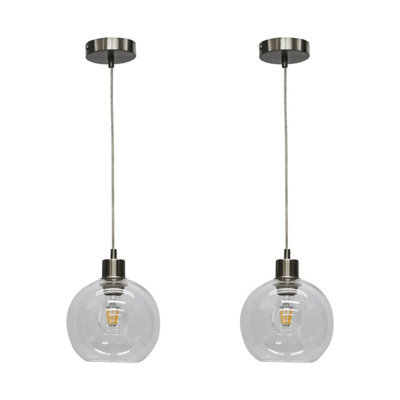 First Choice Lighting Set Of 2 Barnum - Clear Glass Globe With Satin Nickel Pendant Fittings - image 1