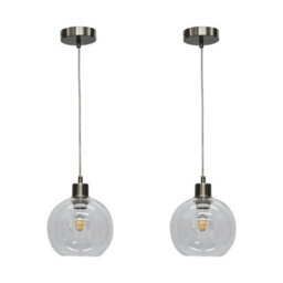 First Choice Lighting Set Of 2 Barnum - Clear Glass Globe With Satin Nickel Pendant Fittings - thumbnail 1