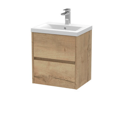 Nuie Havana Wall Hung 2 Drawer Vanity Basin Unit & Mid-Edge Ceramic Basin, Modern Sink Vanity Unit In Autumn Oak With White - image 1