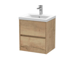Nuie Havana Wall Hung 2 Drawer Vanity Basin Unit & Mid-Edge Ceramic Basin, Modern Sink Vanity Unit In Autumn Oak With White - thumbnail 4