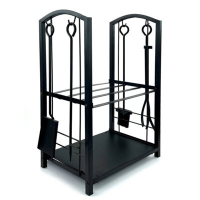 Firewood 2 Tier Rack Log Holder Wood Storage With Hooks 4 Tools Black - image 1