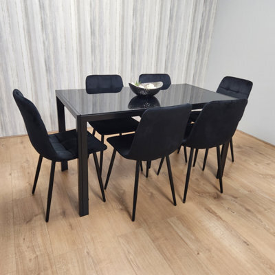 Kosy Koala Black Kitchen Dining Table And 6 Black Tufted Velvet Chairs Set Of 6 Dining Room Furniture - image 1