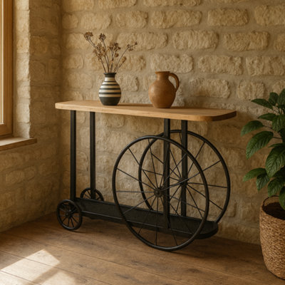 Wyld Haus Shanghai Industrial Oak Console Table With Black Metal Wheels - image 1