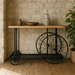 Wyld Haus Shanghai Industrial Oak Console Table With Black Metal Wheels - thumbnail 2