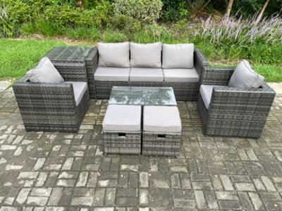 Fimous Rattan Garden Furniture Set With 3 Seater Sofa Coffee Table Side Table 2 Armchairs 2 Small Footstools - image 1