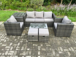 Fimous Rattan Garden Furniture Set With 3 Seater Sofa Coffee Table Side Table 2 Armchairs 2 Small Footstools - thumbnail 2