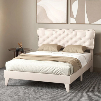 Double Size Bed Frame Wood Slats Platform Padded Button Tufted Headboard - image 1