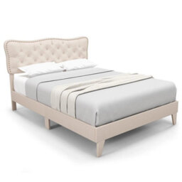 Double Size Bed Frame Wood Slats Platform Padded Button Tufted Headboard - thumbnail 6