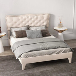 Double Size Bed Frame Wood Slats Platform Padded Button Tufted Headboard - thumbnail 4