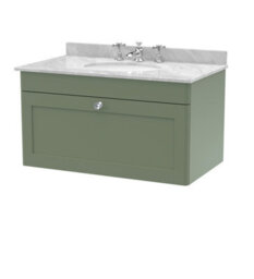 Balterley Swynnerton Traditional 1 Drawer Wall Hung Vanity Unit With Marble Basin, Satin Green, 800mm - thumbnail 1